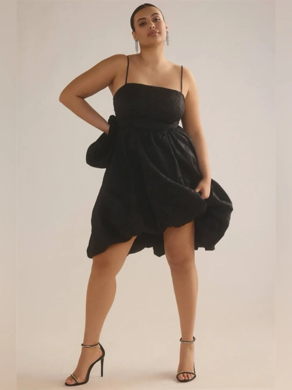 Anthropologie Black Jacquard Bubble Dress 16W Spaghetti Strap Party Cocktail - Picture 2 of 12